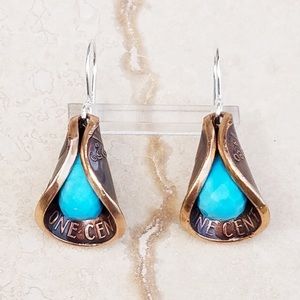 Recycled Copper Penny Petal Turquoise Earring